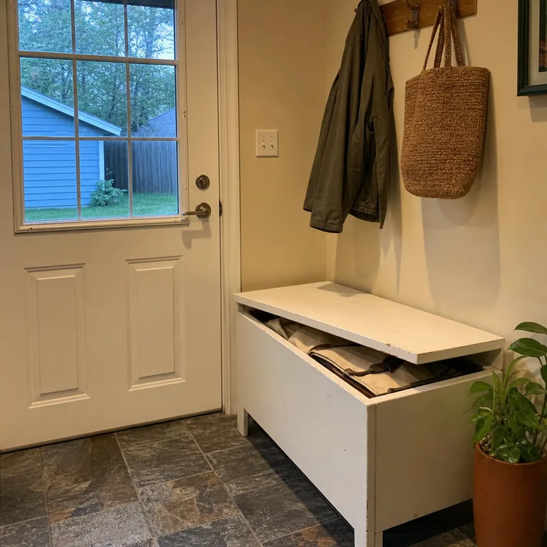 A white lidded entry bench near a kitchen door stores folded reusable grocery bags.
