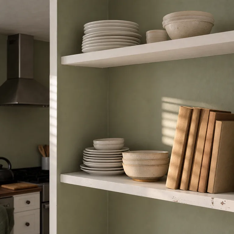 A short stack of cookbooks acts as an end stop beside everyday plates and bowls on an open shelf.
