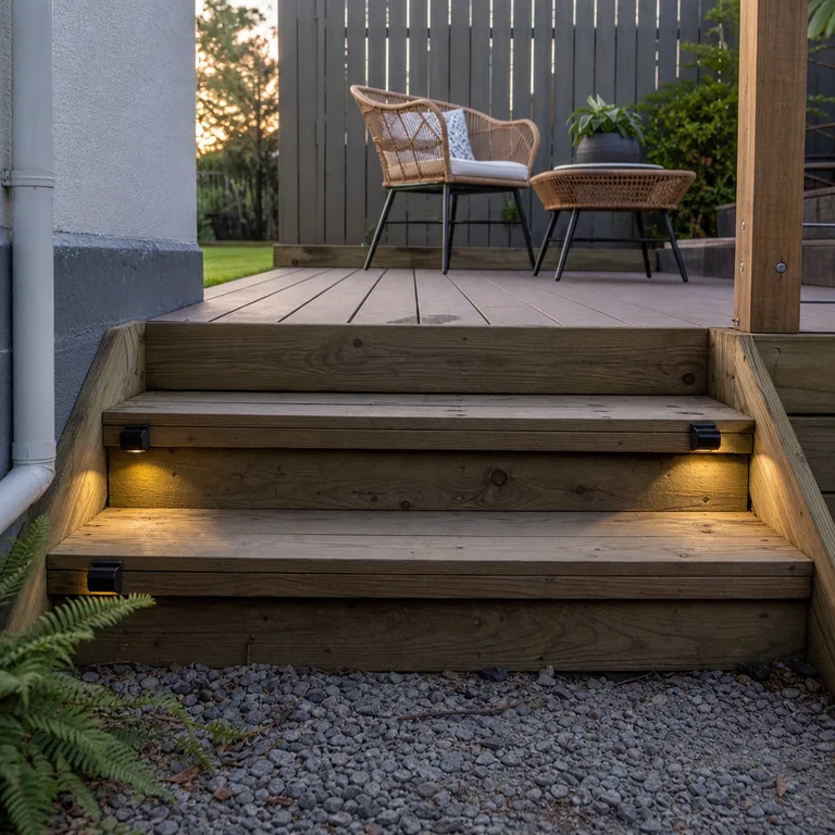 Low solar deck lights define the sides of two shallow steps leading to a small deck.