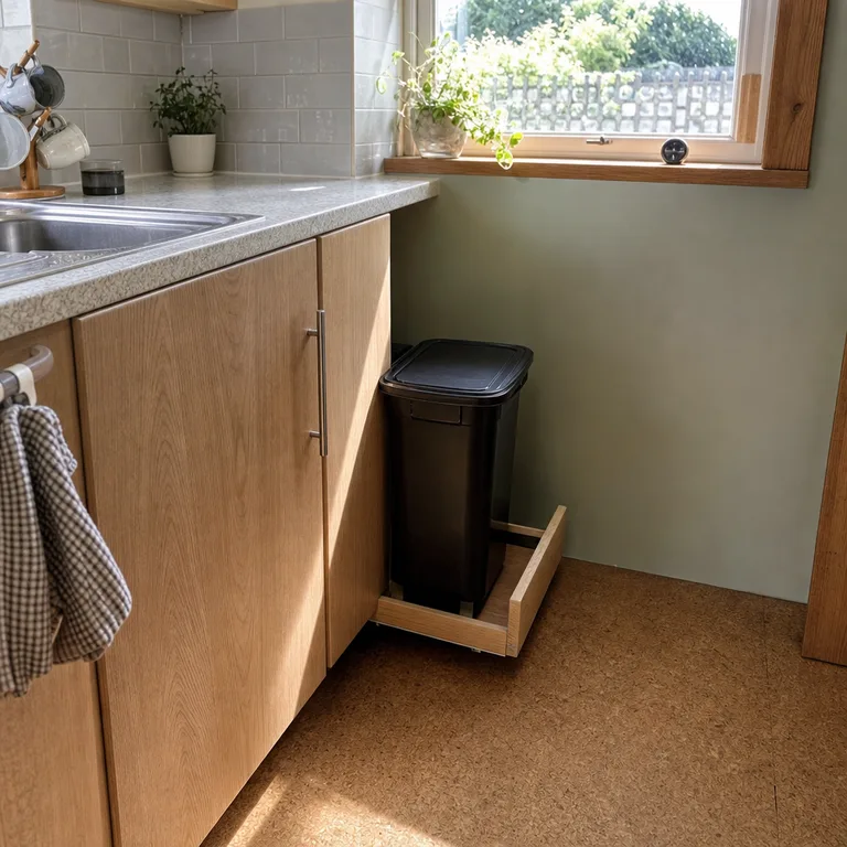 Slim trash bin on a shallow tray at the exposed end of kitchen cabinets.