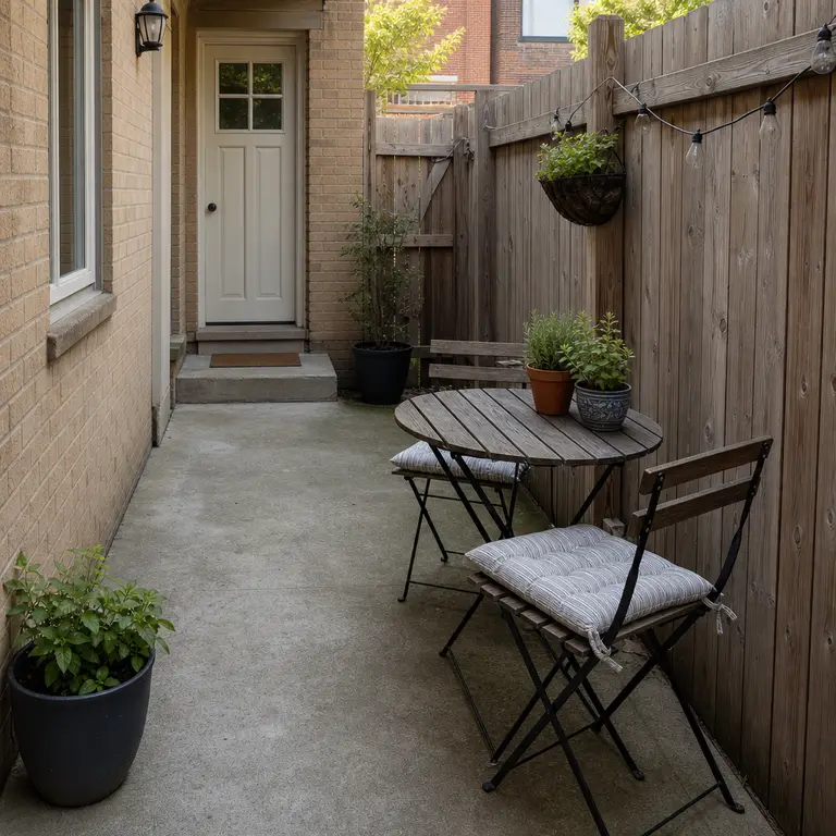 A narrow bistro table and two tuck-under chairs set along the wall of a small townhouse patio.