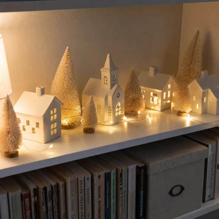 A bookcase shelf displays small ceramic houses, bottlebrush trees, battery lights, and a few everyday books.