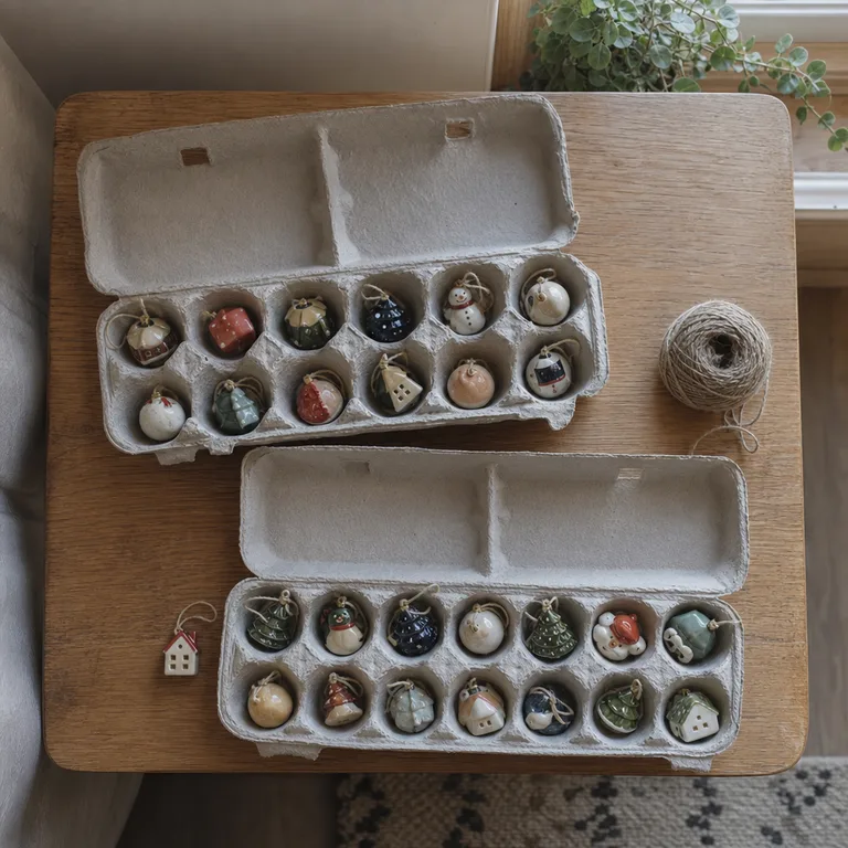 Small Christmas ornaments stored separately in paper egg cartons on a coffee table.