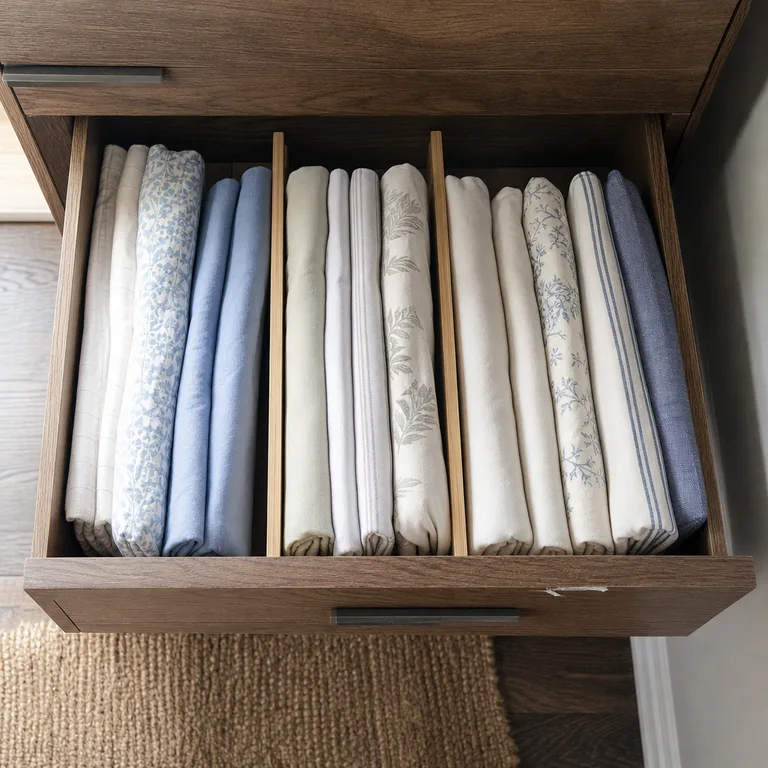 File-folded sheet sets stand upright in a deep bedroom drawer.