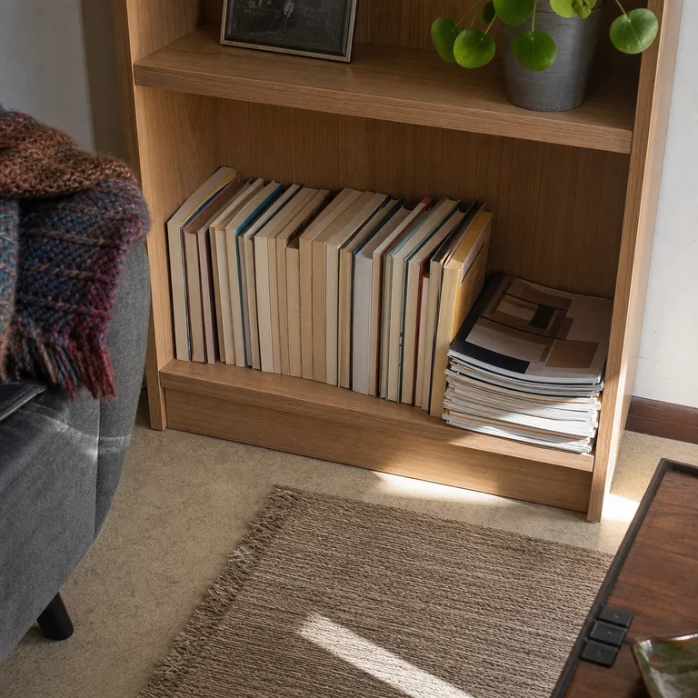 A lower bookshelf section holds current books and magazines together.
