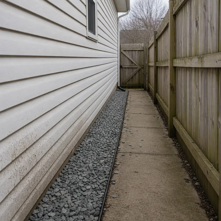 Narrow crushed-stone drainage strip beside white siding, separated from a concrete side-yard walkway by metal edging.