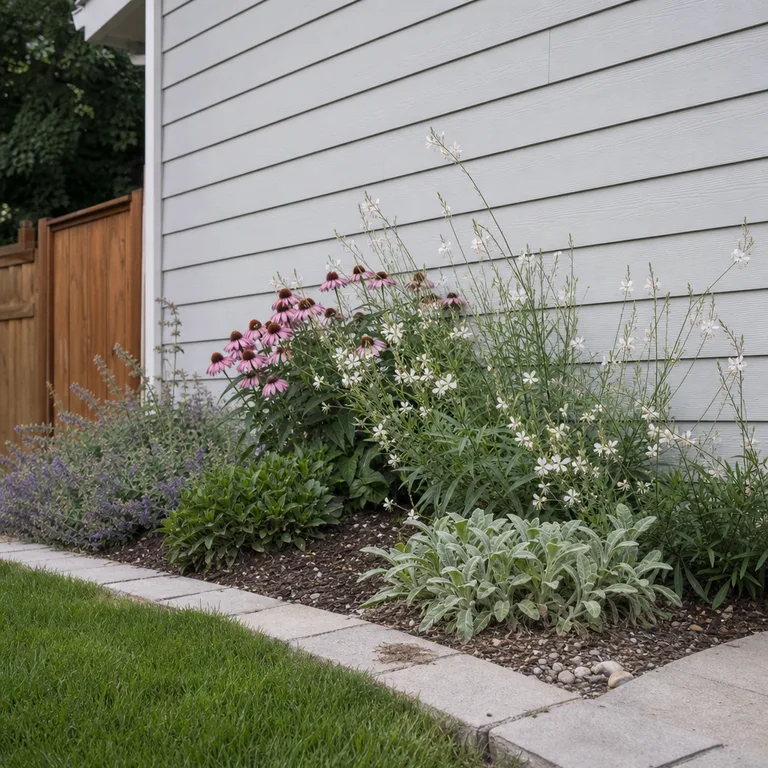 A layered garden bed with low plants at the edge and taller flowers behind them.