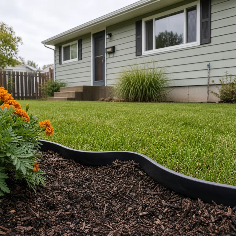 Black flexible edging outlining a round flower bed beside a small lawn.