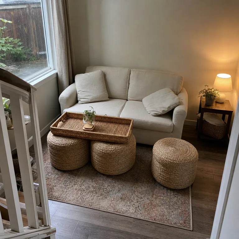 Two woven poufs topped with a rattan tray create a movable low table in front of a small loveseat.