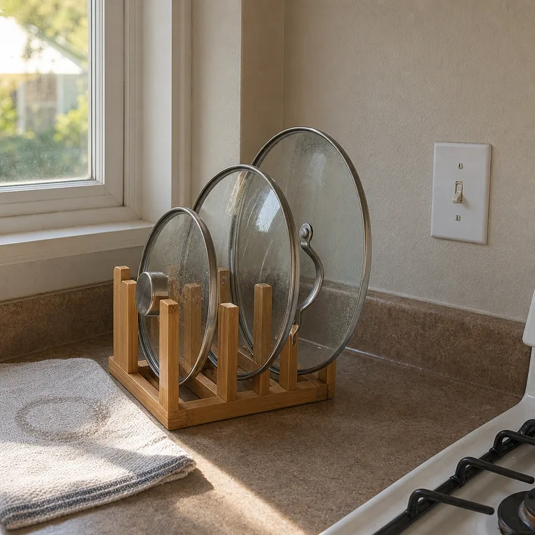 Bamboo countertop rack holding everyday pot lids upright near the stove.