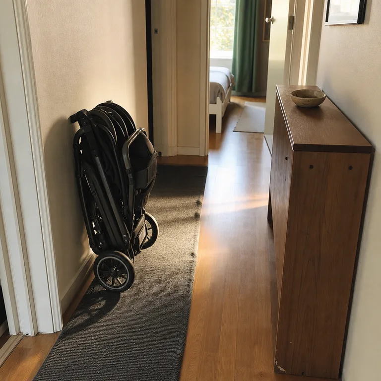 Folded stroller aligned on a washable runner along one wall of a narrow apartment hallway.