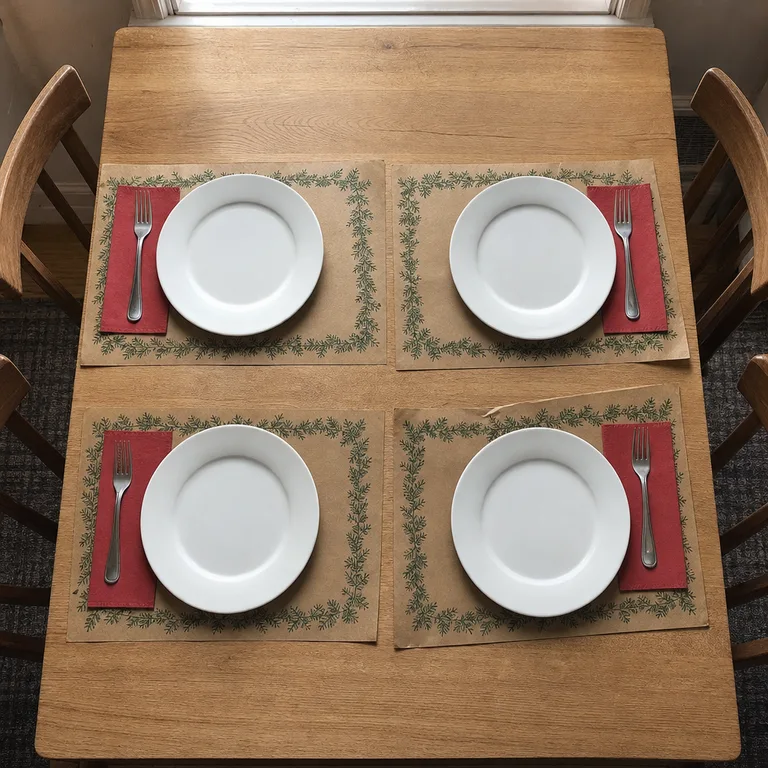 Kraft paper placemats with green evergreen borders sit beneath white everyday plates and red napkins.