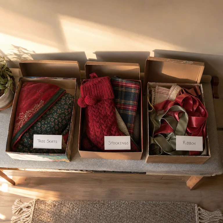 Folded Christmas stockings and a tree skirt sorted into reused shoe boxes.