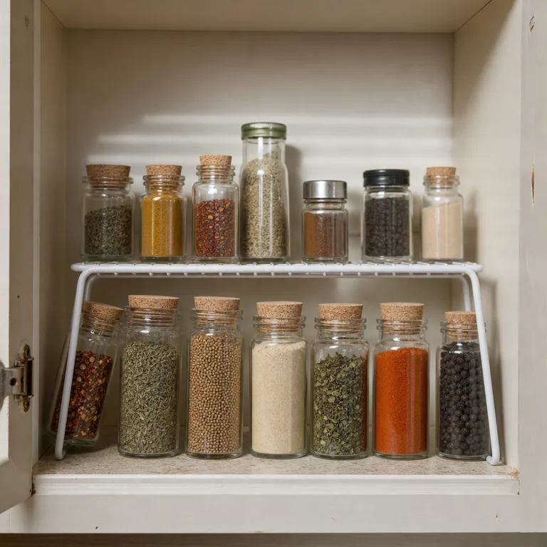 A white wire shelf riser creating two levels for spice jars in a cabinet.
