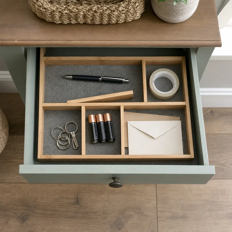 An organized entry drawer holds pens, tape, batteries, and spare key rings in bamboo dividers.