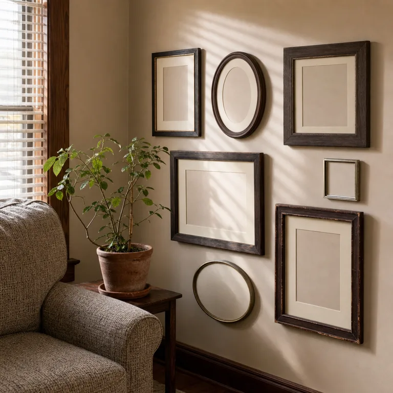 Different frame styles unified by matching cream mats on a living-room wall.
