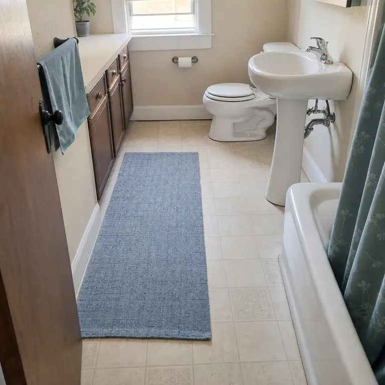 A narrow blue washable runner adds softness along a dry bathroom vanity wall.