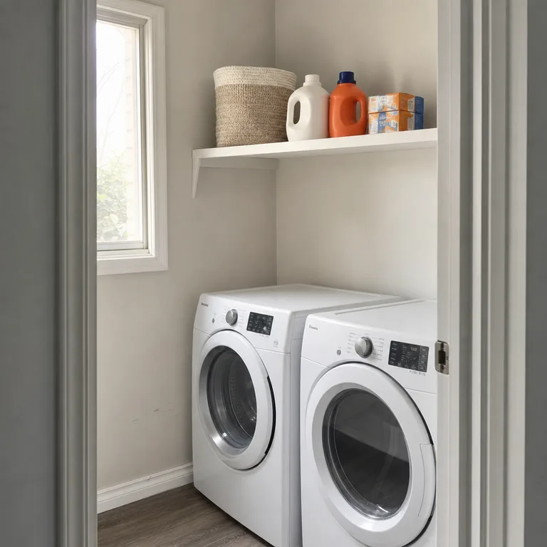 A shallow shelf above a washer and dryer holds labeled laundry supplies in a narrow utility corner.
