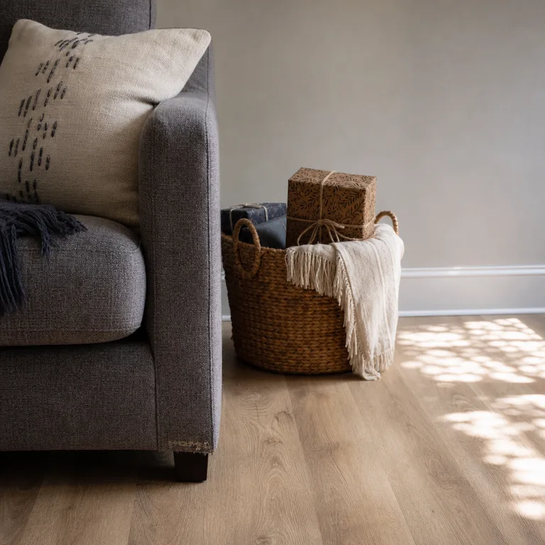 A woven basket beside a small sofa holds waiting gifts and keeps the main seating area clear.