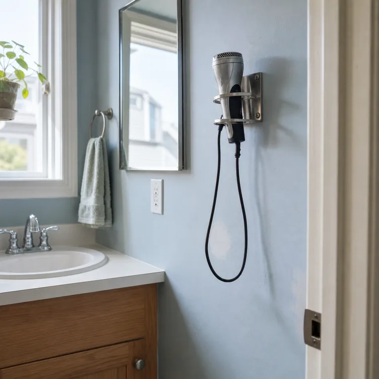 A wall-mounted metal holder keeping a cooled hair dryer beside a small bathroom vanity.