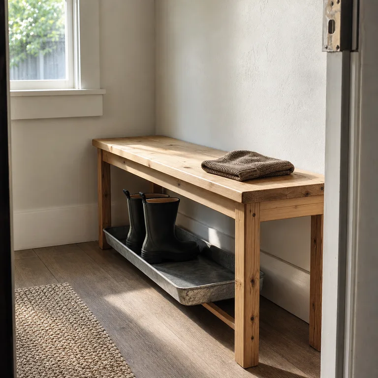 A removable metal tray containing wet boots sits on the bottom shelf of a narrow entry bench.