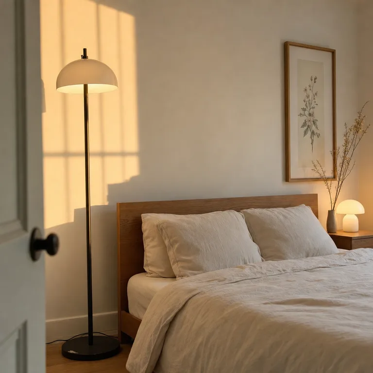 A tall floor lamp and short table lamp balanced by a tall frame and branch vase near the shorter side.