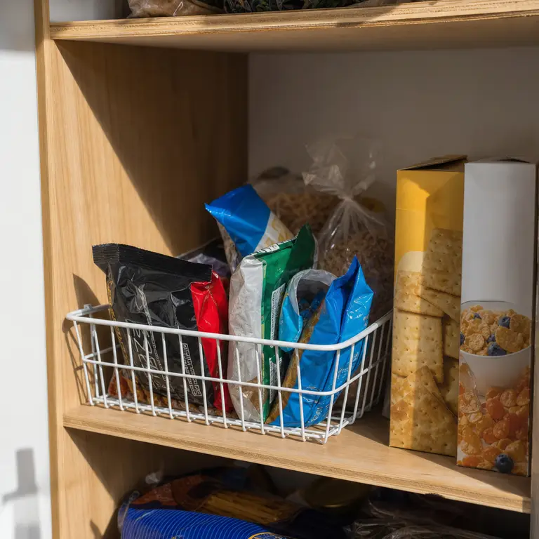 An open wire basket holding snack packets on a pantry shelf.