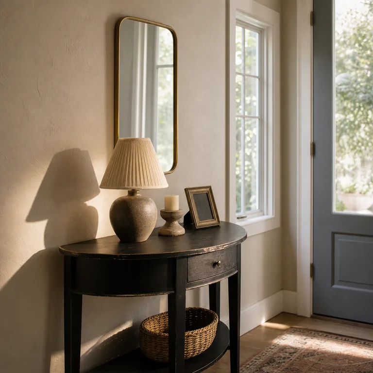 Off-center vertical mirror over a black corner table with a small lamp and candle holder.