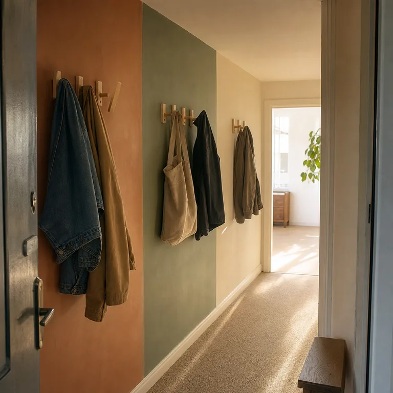 Painted wall sections separate grouped coat hooks along a long narrow apartment entryway.