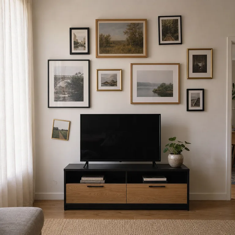 A television on a low black console framed by an informal gallery wall of mixed picture frames.