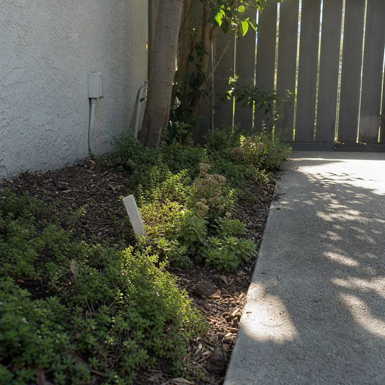 Low groundcover plants filling a small garden corner beside a patio.