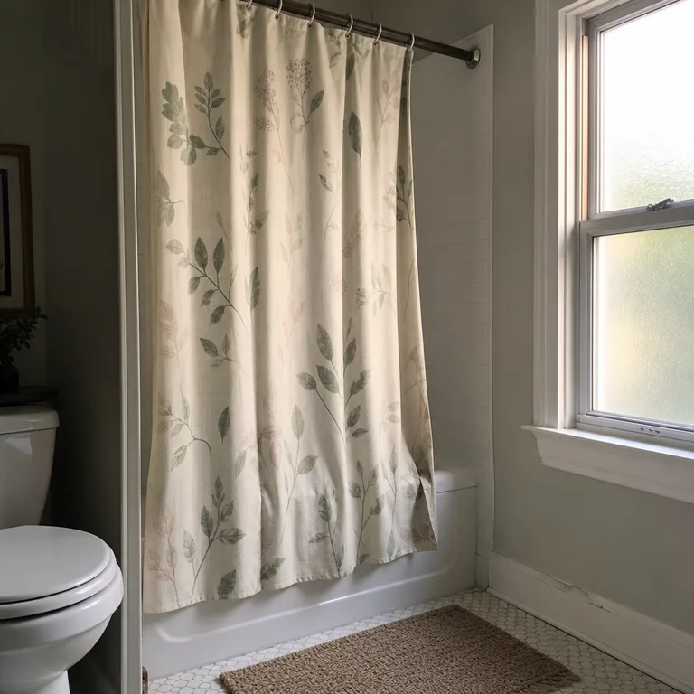 Muted sage and clay botanical shower curtain in a small white-tiled bathroom.