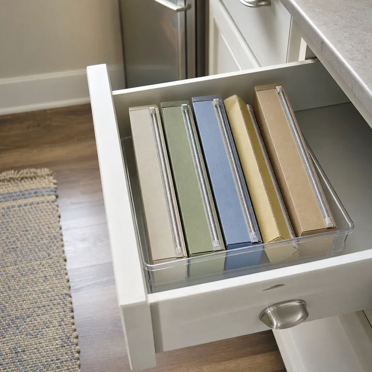 Narrow food-wrap boxes stored upright in a clear bin inside a deep kitchen drawer.