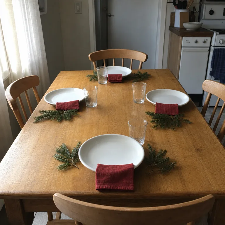 White everyday plates on an oak kitchen table, each paired with a red cloth napkin and a small evergreen clipping.