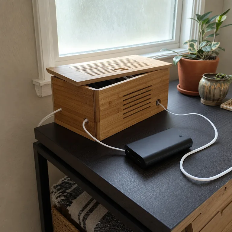 A ventilated bamboo box contains spare chargers and a power bank at the back of a desk.