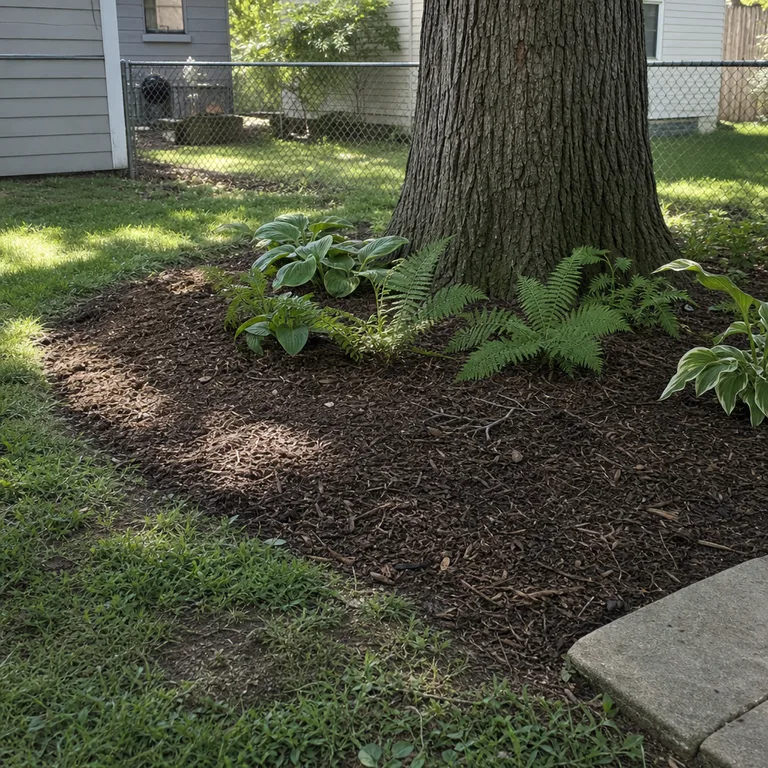 A mulched planting ring around a mature tree replaces difficult-to-mow shaded grass.