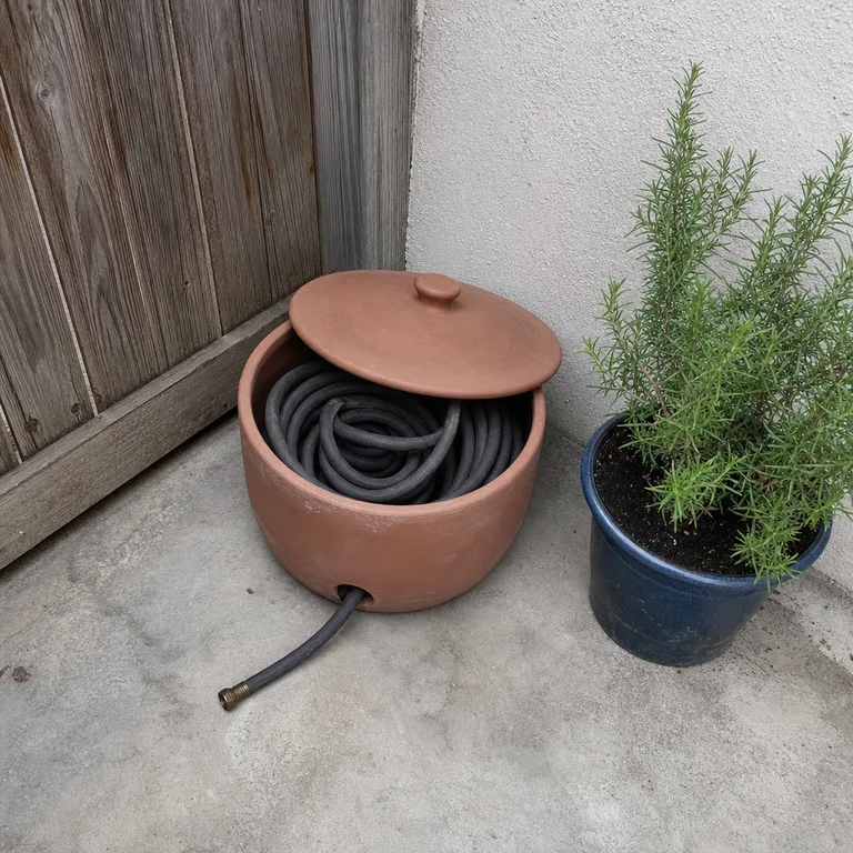 Terracotta-colored hose pot holding a coiled hose in a patio corner.