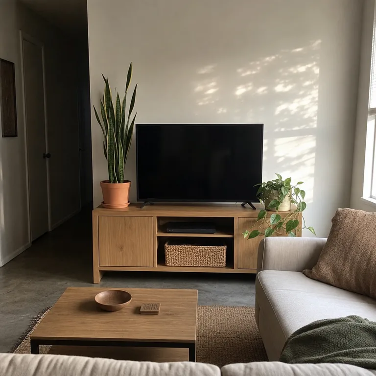 A tall floor plant and a small trailing plant soften the ends of a TV console.