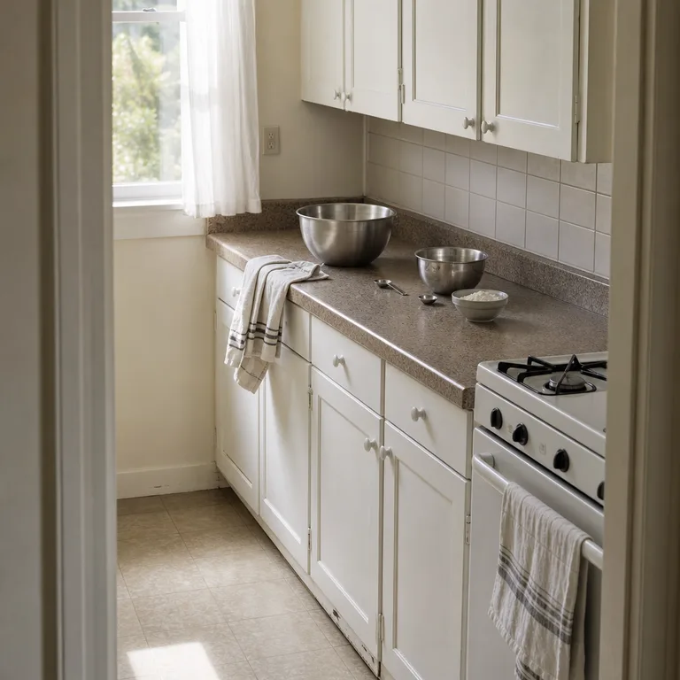 A cleared laminate kitchen counter beside a range holds a mixing bowl, measured ingredients, and baking tools.