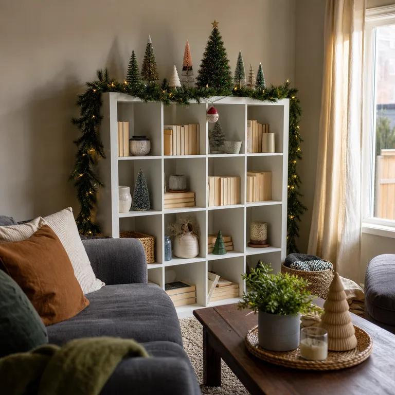 Small Christmas trees and garland fill an open shelving unit beside a sofa.