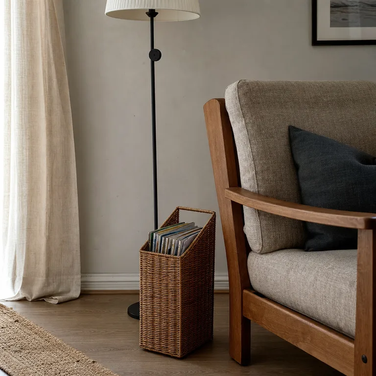 A narrow wicker holder storing magazines beside an armchair.