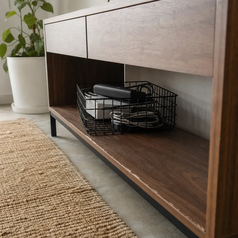 An open metal basket on a media-console shelf contains a ventilated charging hub and cables.