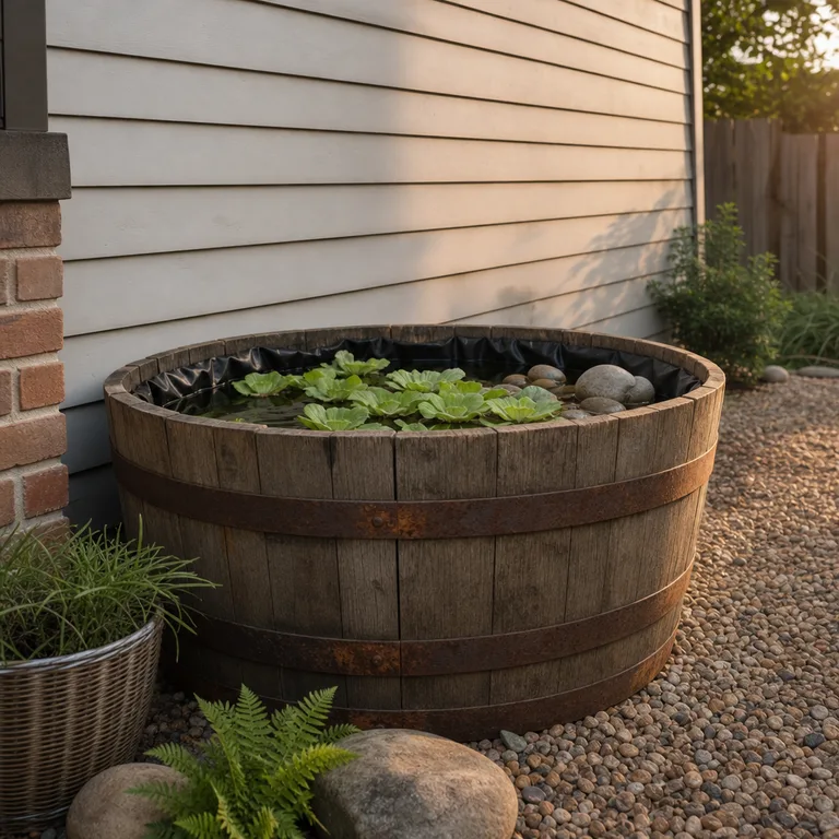 Lined weathered oak half-barrel container pond beside a house wall, with gravel and a stone wildlife exit.