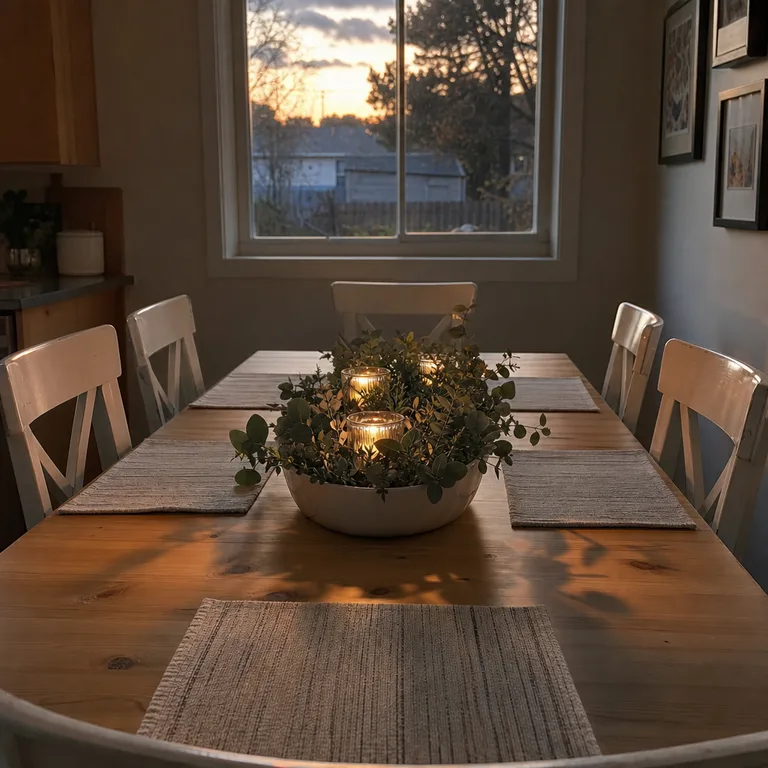 An oval casserole dish holds low green foliage and small glass votives on a kitchen table.