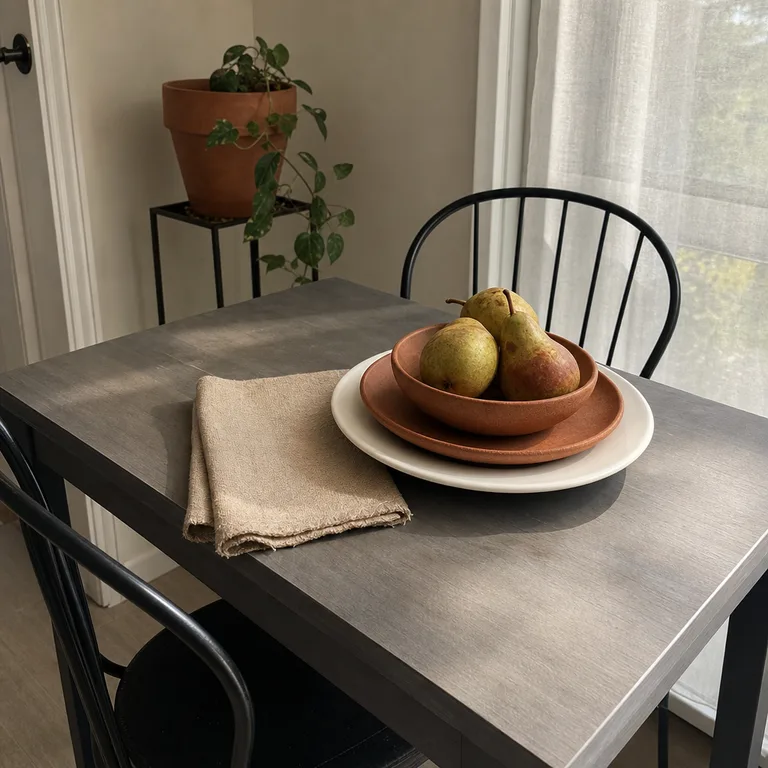 Stacked dinnerware forms a low pedestal beneath a bowl of pears and a folded napkin.