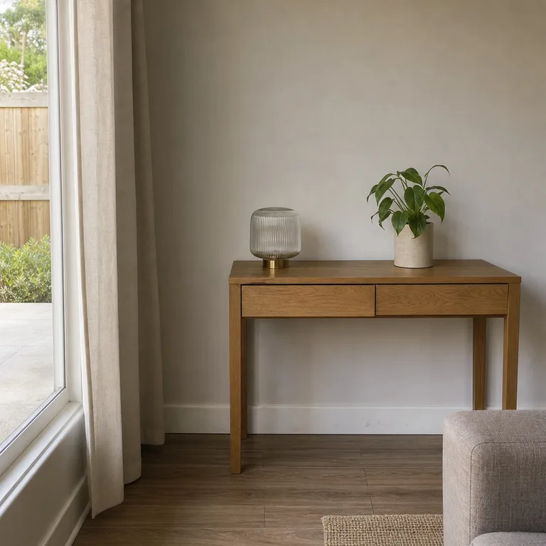 A shallow console is placed on a solid wall opposite a clear living-room window.