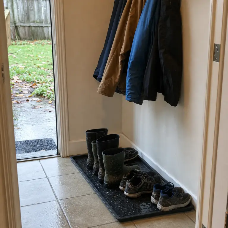 Boot tray holding wet shoes below wall hooks in a small entryway.
