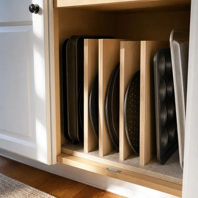 Fixed plywood dividers holding heavy roasting pans upright in a deep base cabinet.