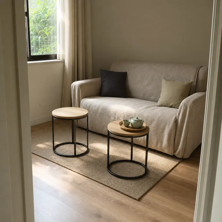 Two nesting stools separated beside a compact sofa in a small living room, showing how they can become extra seats.