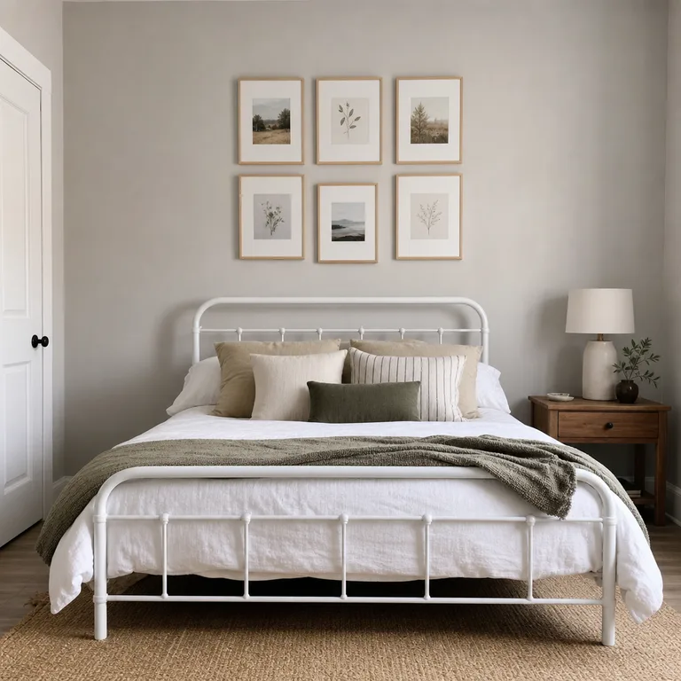 Grid of six light wood frames mounted above a plain white metal bed.